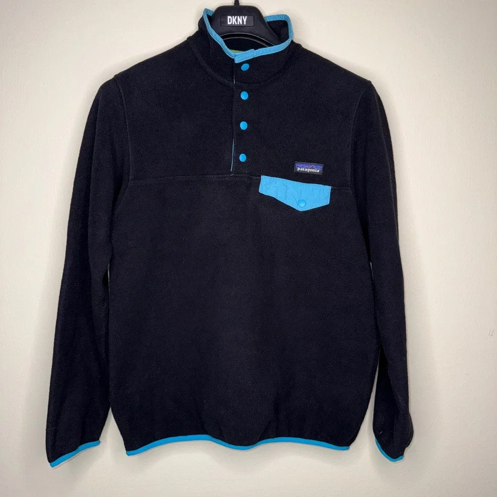 Patagonia Fleece Snap-T Pullover Jacket Black Blue Women's Size M - Picture 1 of 10